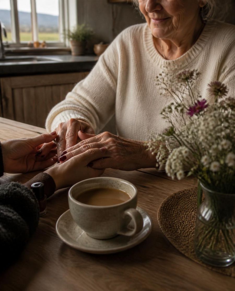 Handsnyrting hjá eldri konu við eldhúsborð